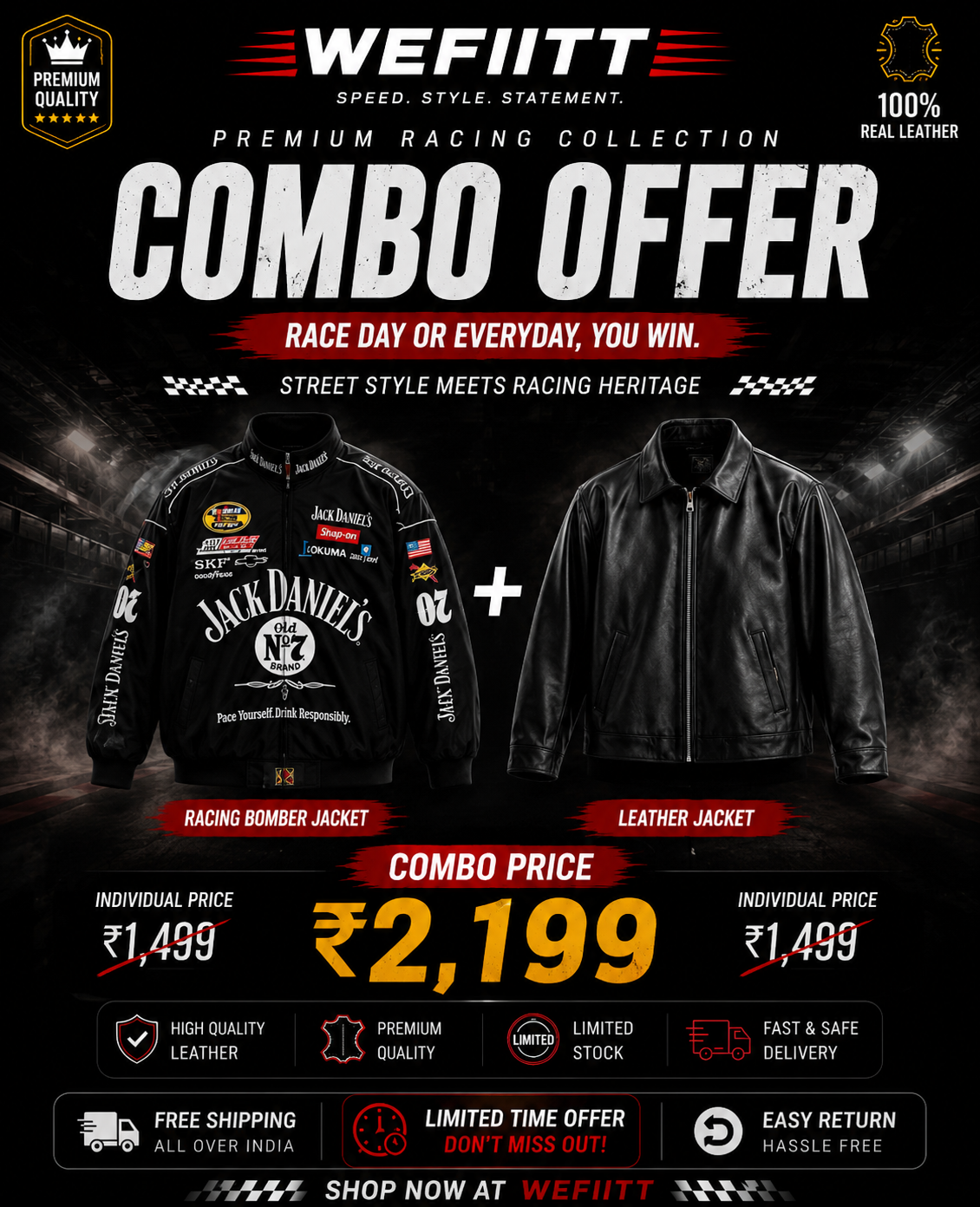 Jack Daniel's & Black Leather Racing Jacket Combo Set