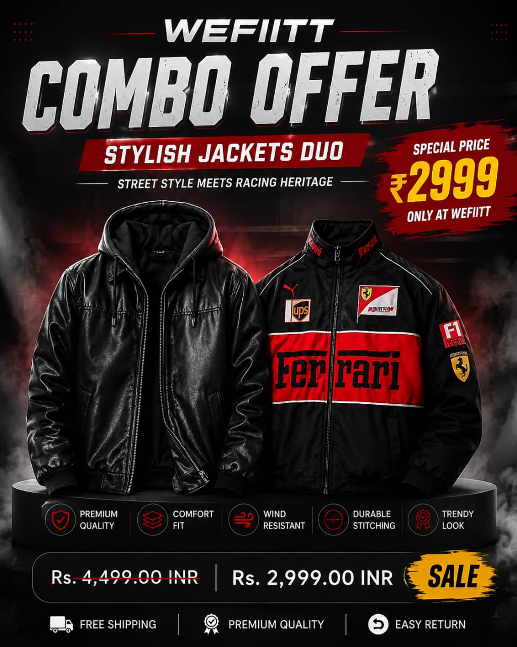 Black Ferrari & Premium Black Leather Jacket Combo Set – Luxury Style Gift for Men
