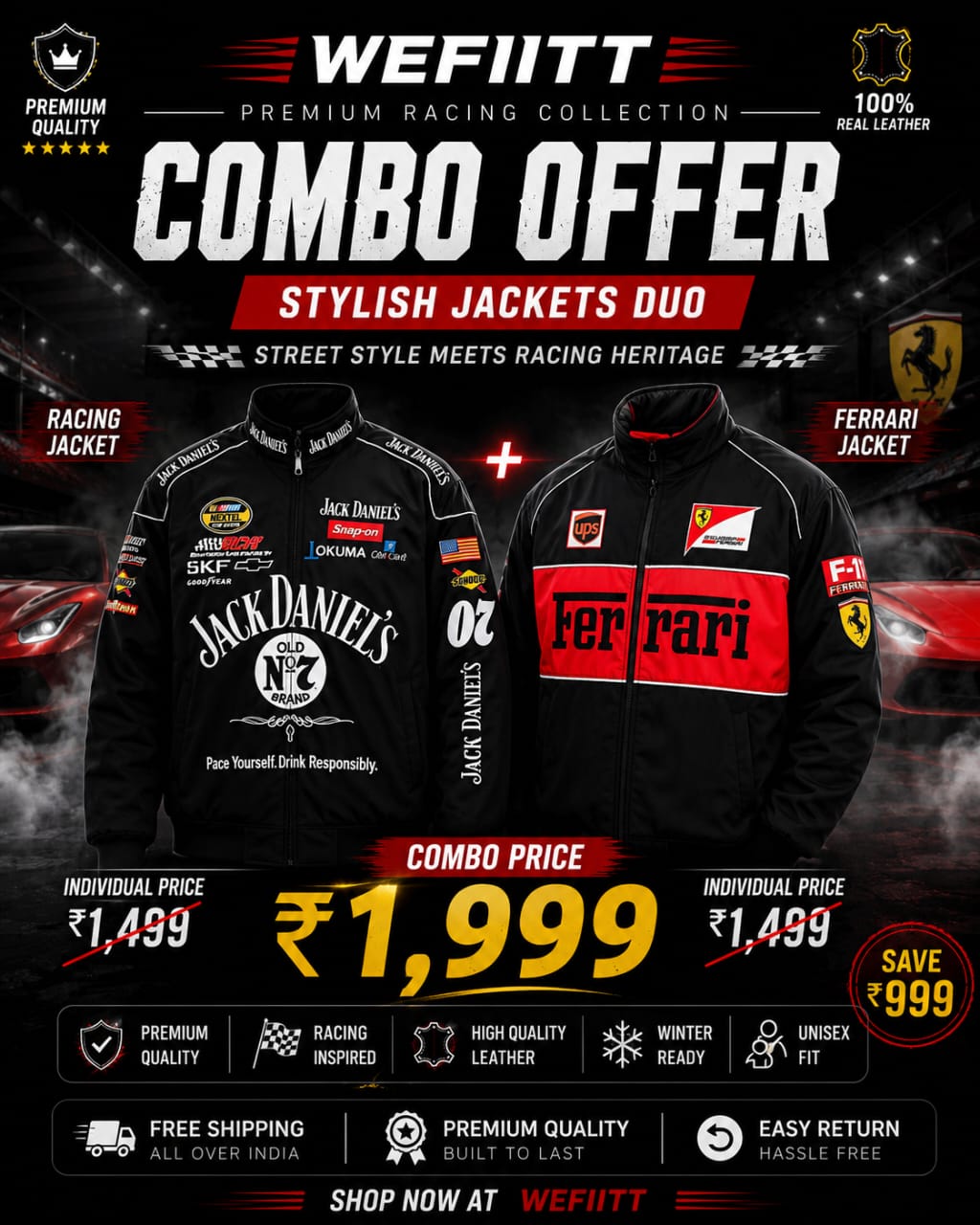 Black Ferrari & Jack Daniel's Racing Jacket Combo Set | Wefitt